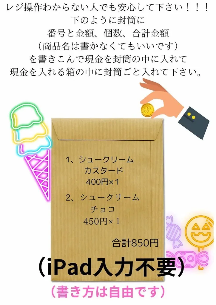 秋田県秋田市のスイーツマーケットの封筒と料金箱