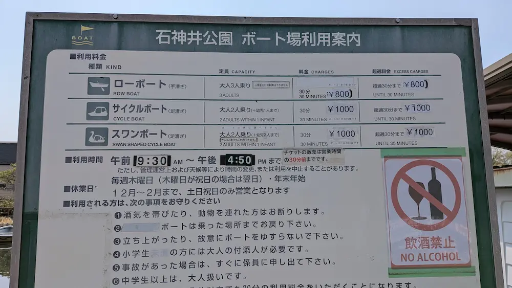 石神井公園のボート利用案内版
