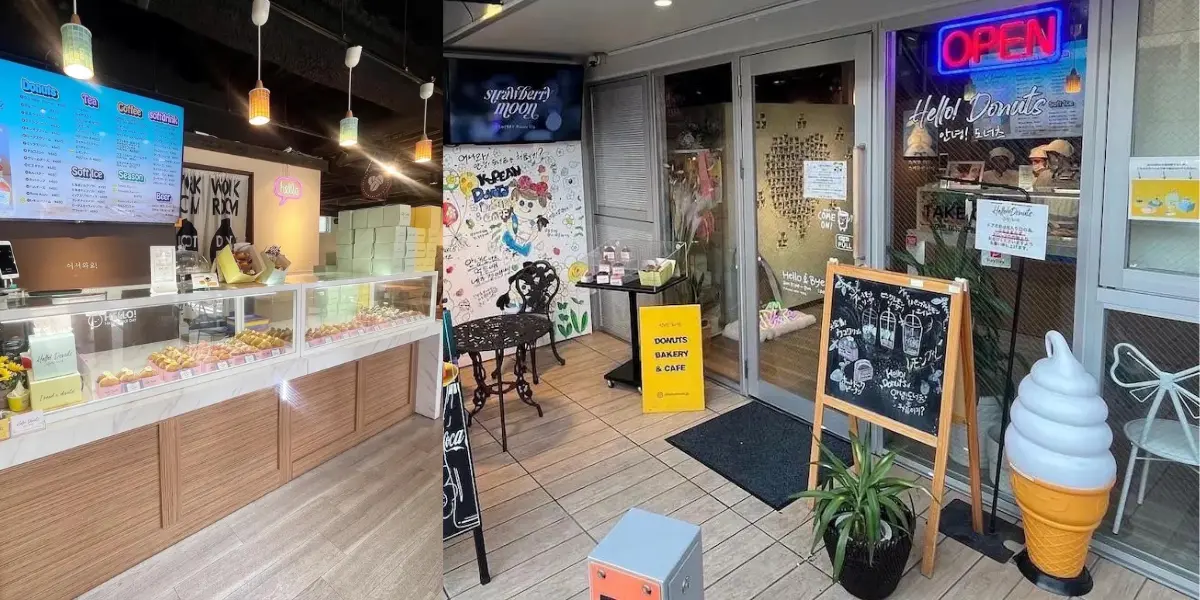 韓国ドーナツ専門店のHELLO! DONUTSの店舗外観と店内の品揃えの雰囲気