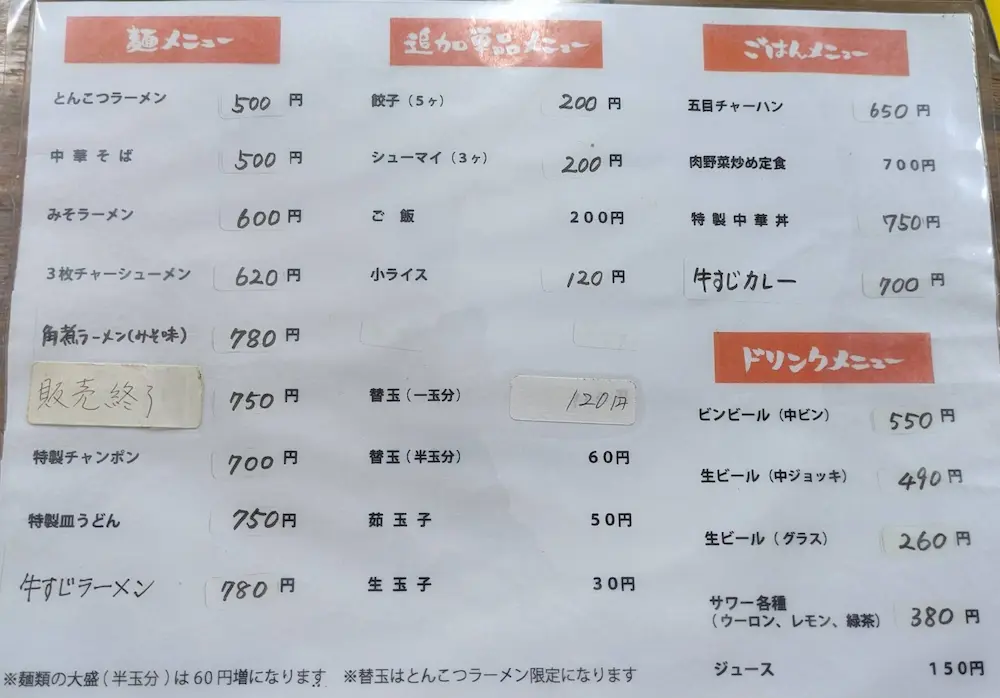 練馬にあるラーメンふくちゃんの単品メニュー