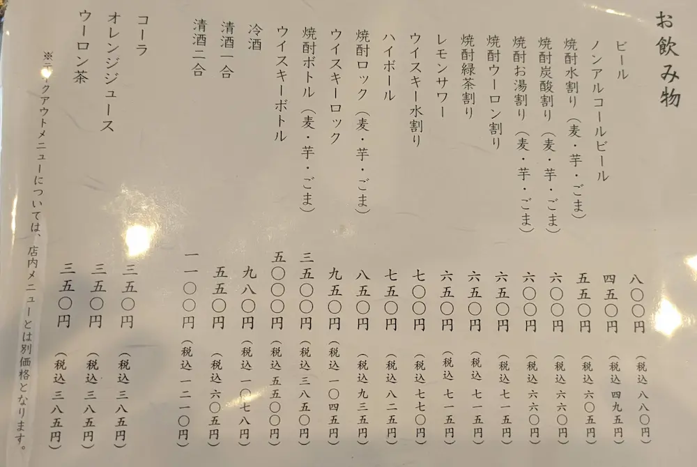 東長崎の鰻家(うなぎや)のメニュー